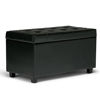 SIMPLIHOME Cosmopolitan Storage Ottoman - 34 inch Wide Upholstered Vegan Leather Rectangle Storage Ottoman Bench in Midnight Black, Transitional Tufted Ottoman for Living Room with Lift-Up Lid - color: Midnight Black