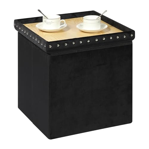 B FSOBEIIALEO Storage-Ottoman Cube-Folding Tufted - Ottomans with Storage, Coffee Table Top Cover, Storage Boxes Footrest Stool for Bedroom, Luxury Velvet Fabric 15.7 Inches Black - color: Black, size: 15.7"D x 15.7"W x 15.7"H