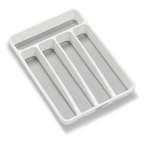 madesmart Small Silverware Tray, Compact 5 Compartment Flatware Organizer for Forks, Knives & Spoons, Non Slip, Soft Grip Lining, Fits Small Drawers, White - color: White