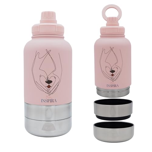 INSIPRA 32oz Dog Water Bottle with Food & Water Bowls – 3-in-1 Portable Pet Travel Bottle with Magnetic Phone Holder, Leakproof, BPA Free, Insulated (Pink) - color: PINK