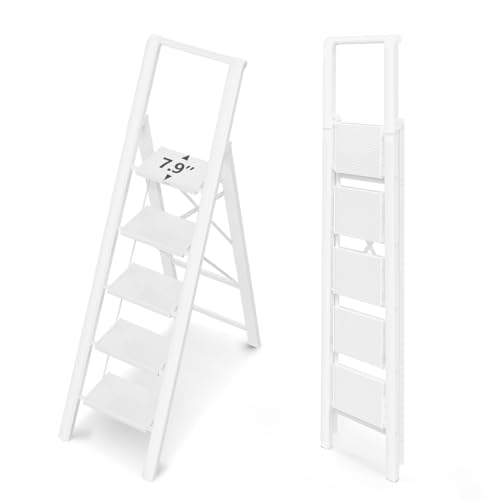 WOA WOA 5 Step Ladder for 10 Feet High Ceiling, Lightweight Foldable Ladder with Non-Slip Wide Pedals, Step Stool with Safe Handrail, Space Saving for Home, Kitchen, Indoor & Outdoor 300lbs - White - color: White, size: 5 Step