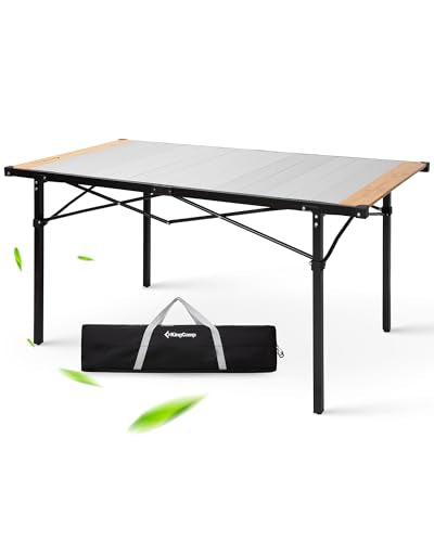 KingCamp Camping Table Folding Portable Table Aluminum Roll Up Lightweight Foldable Large Camp Table for Indoor Outdoor Picnic Backyard, 53.5"X27.5" - color: Silver - 53.5" × 27.6" - Bamboo, style: Extra Large for 6-8 people