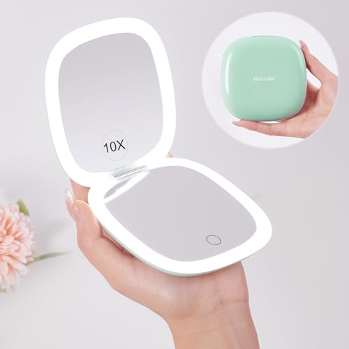 Mocado Compact LED Travel Makeup Mirror - 4 Inches 1X/10X Magnification Travel Mirror with Light Dimmable Double Sides Lighted USB Rechargeable Compact Mirror for Purse,Pocket,Travel(Powdery Green) - color: Powdery Green