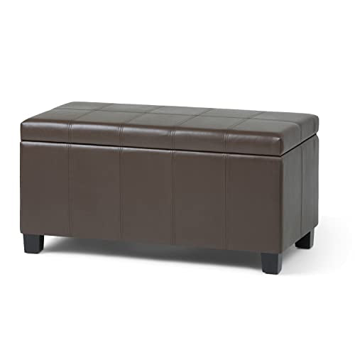 SIMPLIHOME Dover Storage Ottoman Bench - 36 inch Wide Upholstered Vegan Leather Rectangular Lift-Top Ottoman in Chocolate Brown, Contemporary Bench for Living Room with Safety Hinges - color: Chocolate Brown