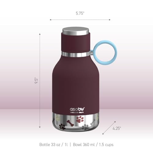 Asobu Buddy Bottle a Stainless Steel Insulated Water Bottle for with Removable Dog Water Bowl and Dog Food and Treat Storage Bowl (Burgundy, 37 Oz Water Bottle with Bowl) - color: Burgundy