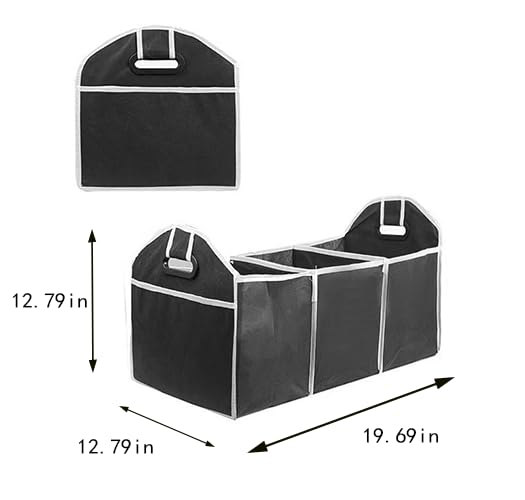 Organizer for Car Truck, Automotive Storage Bag, Collapsible 3 Compartment Waterproof 50 * 33 * 33cm Travel Accessories, Anti-slip for Travel, Camping, Carring, Black