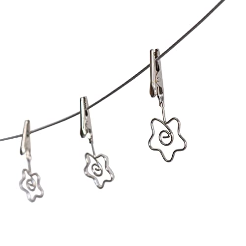 Multi-Purpose Steel Wall Hanging Photo Display Cable Wire Rod with 12 Adjustable Clips for Hanging Photos Notes Postcard and Artworks (Flower) - size: Flower