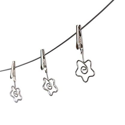 Multi-Purpose Steel Wall Hanging Photo Display Cable Wire Rod with 12 Adjustable Clips for Hanging Photos Notes Postcard and Artworks (Flower) - size: Flower