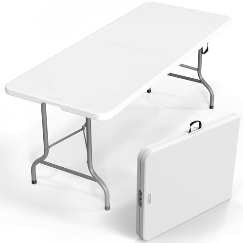 VINGLI 8 Foot Plastic Folding Table Portable Long Table for Indoor Outdoor Use Rectangular with Carrying Handle，White - color: White, size: 8 ft
