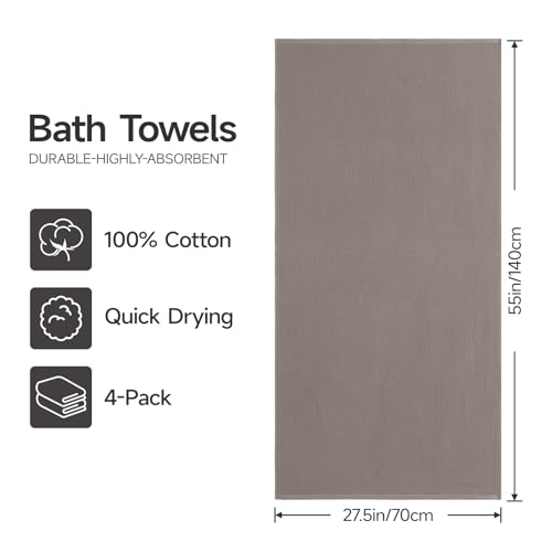 REDKISS 100% Cotton Waffle Weave Bath Towels 4 Pack - 27.5x55 Inches| Lightweight, Quick Dry & Highly Absorbent,Perfect for Spa, Gym, Travel, Guest Bathroom-Brown - color: Brown