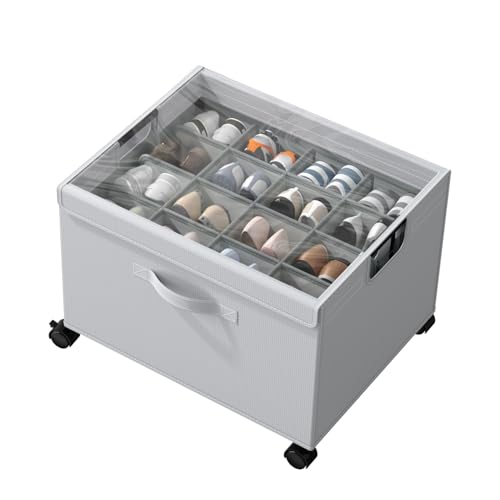 HOUSE AGAIN Shoe Organizer for Closet, Foldable Shoe Storage Organizer Box with Wheels and Adjustable Dividers, Sturdy Metal Frame Fits up to 16 Pairs, Large Shoes Storage with Clear Cover - size: 1 Pack