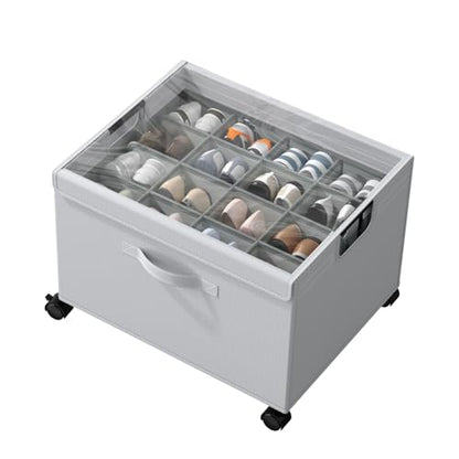 HOUSE AGAIN Shoe Organizer for Closet, Foldable Shoe Storage Organizer Box with Wheels and Adjustable Dividers, Sturdy Metal Frame Fits up to 16 Pairs, Large Shoes Storage with Clear Cover - size: 1 Pack