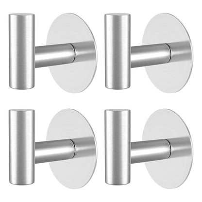 Heavy Duty Self-Adhesive Coat Hooks, Stainless Steel Towel Hooks for Bags, Towels, Robes, Hats, Aprons – No Drill Bathroom, Kitchen, Hotel Wall Hooks (Silver, 4 Pack) - color: Silvery, size: Adhesive "T" Shape- 4 Pack