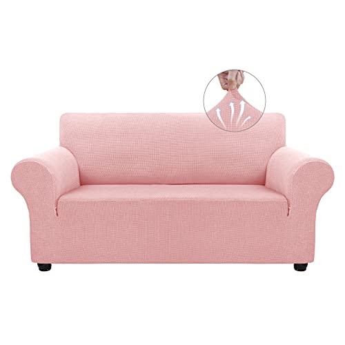 Asnomy Sofa Covers for 2 Cushion Couch Stretch loveseat Covers Slipcovers, Pet Protector Furniture Covers for Dogs Cats Spandex Jacquard Fabric Small Checks （Medium，Pink） - color: Pink, size: Medium