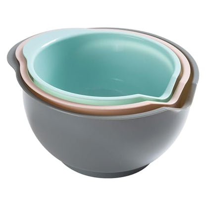 Nesting Plastic Mixing Bowls, Set Of 3, 1.5 quart, 2 quart, 2.5quart, Nesting Bowls with Non Slip Base and Easy Pour Spout, Dishwasher Safe (Green Pink Grey) - color: Green Pink Grey