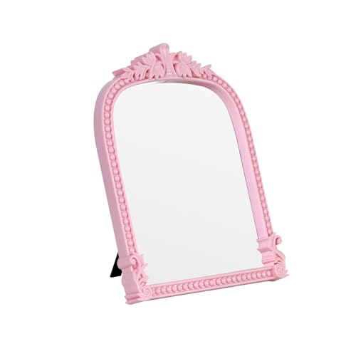 Pink Plastic Arched Makeup Mirror, Standing, Hanging or Wall Mount, Bathroom, Living Room, Bedroom White and Decorative Mirror (Pink-10.6 x 8.6 inch) - color: Pink