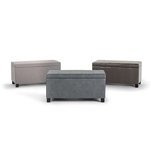 SIMPLIHOME Dover Storage Ottoman Bench - 36 inch Wide Upholstered Vegan Leather Rectangular Lift-Top Ottoman in Stone Grey, Contemporary Bench for Living Room with Safety Hinges - color: Stone Grey