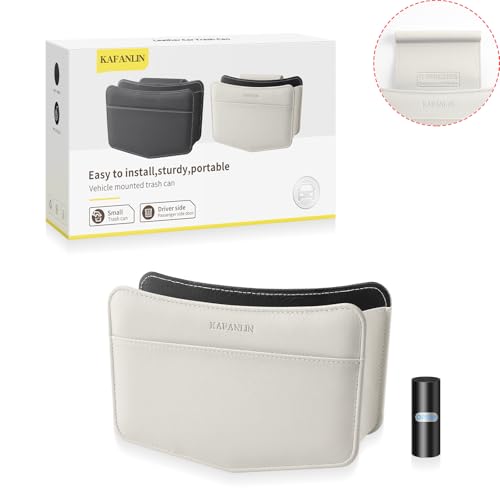 Car Trash Can Small Leather Vehicle Trash Bin Car Dustbin Garbage Organizer Holder with Trash Bag Foldable Mini Cars Storage Bag Container for Auto SUV Van Trucks (White,Glovebox Hanging) - color: white, style: Glovebox hanging