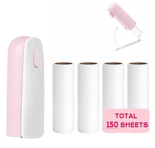 Mini Travel Lint Roller with 150 Sticky Sheets, Compact Portable Pet Hair Remover with Cover for Clothes, Travel, Small Foldable Lint Roller for Purse Car Bag Essentials (Pink) - color: Pink