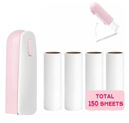 Mini Travel Lint Roller with 150 Sticky Sheets, Compact Portable Pet Hair Remover with Cover for Clothes, Travel, Small Foldable Lint Roller for Purse Car Bag Essentials (Pink) - color: Pink