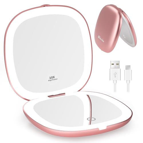 WOBSION 1x/10x Rechargeable Lighted Travel Makeup Mirror | Compact Magnifying Mirror with Lights,Portable for Bag,4inch,Gift,Rose Gold - color: Rose Gold