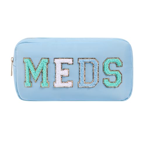 Chenille Letter Patch Nylon Medicine Packages,Cute MEDS Travel Makeup Bag with Metal Zipper, First Aid Purse Organizer Cosmetic Bag for Women and Girls(02Light Blue) - color: 02Light Blue