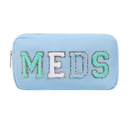 Chenille Letter Patch Nylon Medicine Packages,Cute MEDS Travel Makeup Bag with Metal Zipper, First Aid Purse Organizer Cosmetic Bag for Women and Girls(02Light Blue) - color: 02Light Blue