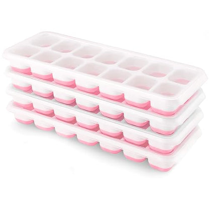 Ice Cube Trays 4 Pack, Airabc Silicone Ice Cube Trays with Removable Lid, Easy-Release Flexible 14-cube Ice Trays, LFGB Certified and BPA Free, Stackable Ice Trays with Covers for Cocktail, Freezer - color: Pink