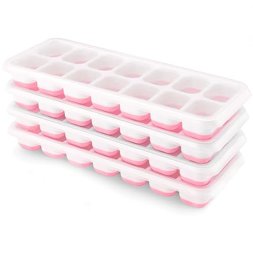 Ice Cube Trays 4 Pack, Airabc Silicone Ice Cube Trays with Removable Lid, Easy-Release Flexible 14-cube Ice Trays, LFGB Certified and BPA Free, Stackable Ice Trays with Covers for Cocktail, Freezer - color: Pink