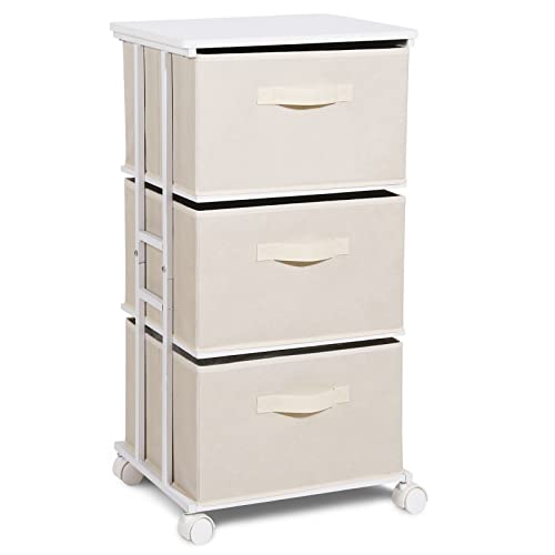 MAX Houser Dresser Tower with 3 Drawers for Bedroom, Fabric Storage Organizer Unit, Chest of Drawers with with WoodTop, Small Vertical Storage for Guest Room, Closet, Entryway(Beige) | Fabric Storage Organizer Unit, Chest of Drawers with with WoodTop, Sma