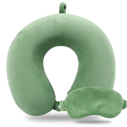 Sexysamba Pure Memory Foam Travel Pillow Set for Adults-Comfortable & Removable Machine Washable Cover, Neck Support Pillow Airplane Travel Kit with Eye Mask for Portable Plane Accessories-Green - color: Green