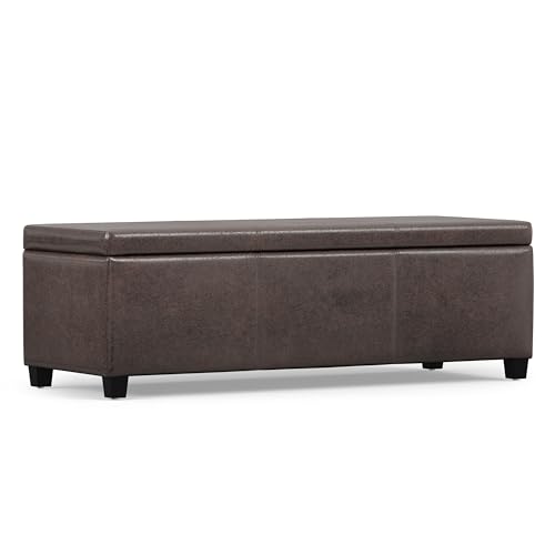SIMPLIHOME Avalon Storage Ottoman Bench - 48" Wide x 16" High Upholstered Vegan Leather Rectangular Lift-Top Ottoman in Distressed Brown, Contemporary Bench for Living Room with High-Density Foam - color: Distressed Brown, size: 18"D x 48"W x 16"H