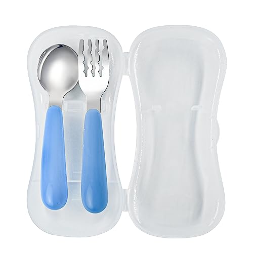VANRA 2 Pieces Toddler Fork and Spoon Set with Travel Case 18/8 Stainless Steel Toddler Utensils Kids Silverware Children Flatware Child Cutlery Set for School Lunch Box (Blue) - color: Blue