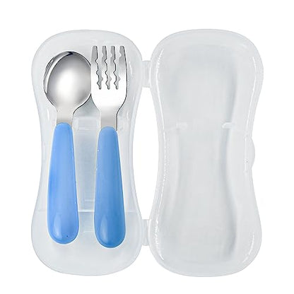 VANRA 2 Pieces Toddler Fork and Spoon Set with Travel Case 18/8 Stainless Steel Toddler Utensils Kids Silverware Children Flatware Child Cutlery Set for School Lunch Box (Blue) - color: Blue