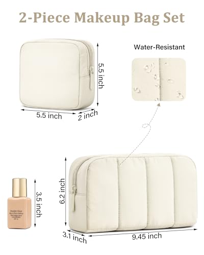 oscaurt 2 Pcs Makeup Bag Travel Toiletry Bag for Women Puffy Padded Cosmetic Pouch Purse Wide-open Makeup Organizer Case Travel Essentials - color: Beige-Set