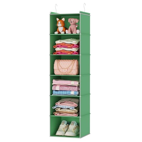 MAX Houser 6-Shelf Hanging Closet Organizer, Hanging Storage Shelves with 2 Sturdy Hooks Space-Saving for Bedroom, Foldable (Green) - color: Green