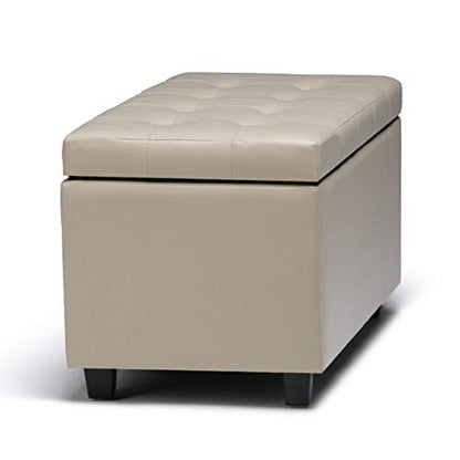 SIMPLIHOME Cosmopolitan Storage Ottoman - 34 inch Wide Upholstered Vegan Leather Rectangle Storage Ottoman Bench in Satin Cream, Transitional Tufted Ottoman for Living Room with Lift-Up Lid - color: Satin Cream