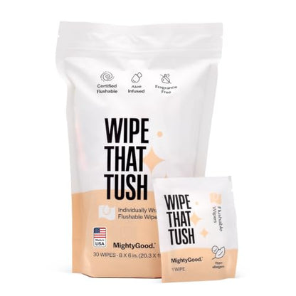 Wipe That Tush On-The-Go Flushable Wipes - 1 Packs of 30 Individually Wrapped Travel Wipes - Fragrance Free & Hypoallergenic - Extra Large & Soft - Aloe & Vitamin E - Septic-Safe - Travel Essentials - size: 30 Count (Pack of 1)