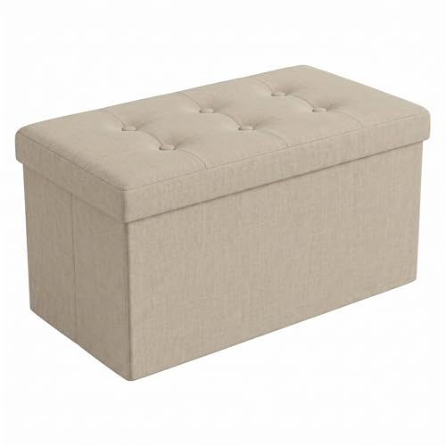 HOME DESIGN Florence 30" Upholstered Folding Storage Bench, Tufted Top, Space-Saving Storage, Beige Linen Fabric - color: Beige Linen