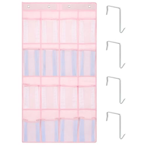 F-color 16-Pocket Hanging Organizer - Over the Door Shoe Organizer, Cruise Essentials for Cabin & RV, Breathable Mesh Storage Pockets, Space Saving Hanging Storage Holder with 4 Sturdy Metal Hooks - color: Pink (M, White&Light Blue Pockets), size: M - 16