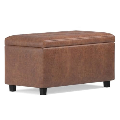 SIMPLIHOME Cosmopolitan Storage Ottoman - 34 inch Wide Upholstered Vegan Leather Rectangle Storage Ottoman Bench in Distressed Saddle Brown, Transitional Tufted Ottoman for Entryway with Lift-Up Lid - color: Distressed Saddle Brown