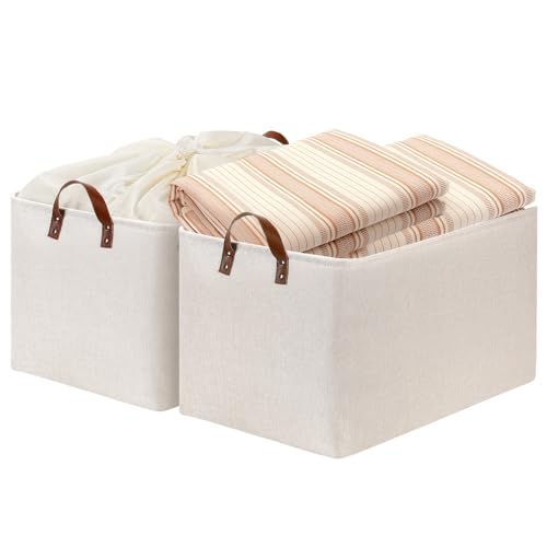 DULLEMELO Beige Storage Baskets for Organizing, Set of 2 Extra Large Canvas Fabric Storage Baskets with Handles, Foldable Storage Bins Baskets for Blankets Living Room - color: Beige-Leather Handles, size: Upgrated/2P-22"x15"x13"
