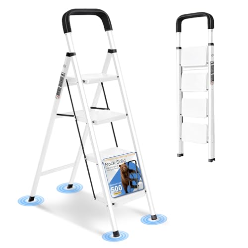 4 Step Ladder Folding Step Stool with Handrail | 500LBS Capacity Sturdy Carbon Steel Frame Anti-Slip Pedal & Feet Portable for Home Kitchen Garage Bathroom (white-4step) - color: White, size: 4 step