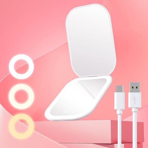 Gospire Ultra-Slim Lighted Travel Makeup Mirror with Lights and Magnification, Rechargeable 3X Magnifying Mirror with 3 Light Colors & Adjustable Brightness, LED Compact Mirror for Purses - White - color: White