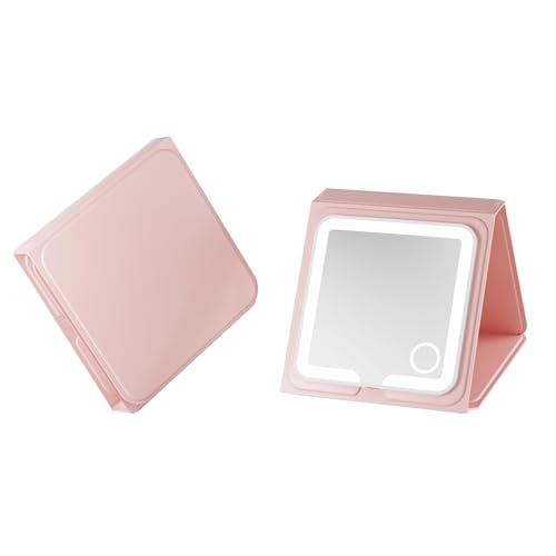 Amysmart Tri-Fold Makeup Mirror with Lights - 10X/5X Magnifying Mirror with Light, Dimmable Handheld Mirror, Compact Mirror, Rechargeable Travel Mirror for Purse & Pocket Use (Pink Tri-Fold) - color: Pink Tri-fold