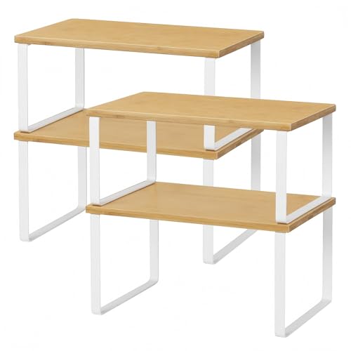NEX Bamboo Kitchen Cabinet and Counter Shelf Organizer, Stackable & Expandable, Set of 4, White and Natural - color: Cloud White + Natural Beige, size: 11.7''W