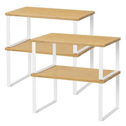 NEX Bamboo Kitchen Cabinet and Counter Shelf Organizer, Stackable & Expandable, Set of 4, White and Natural - color: Cloud White + Natural Beige, size: 11.7''W