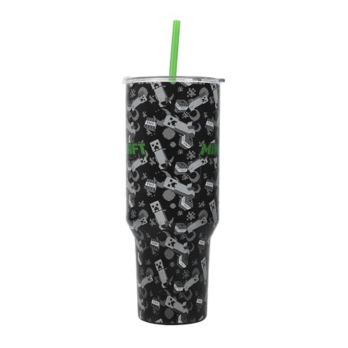 Bioworld Minecraft Creeper & TNT 40 Oz Black Stainless Steel Tumbler With Handle - color: Minecraft Creeper & TNT Blue