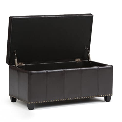 SIMPLIHOME Amelia Storage Ottoman - 33 inch Wide Vegan Leather Rectangle Storage Ottoman Bench in Tanners Brown, Transitional Ottoman for Living Room with Nailhead Trim and Lift-Up Lid - color: Tanners Brown