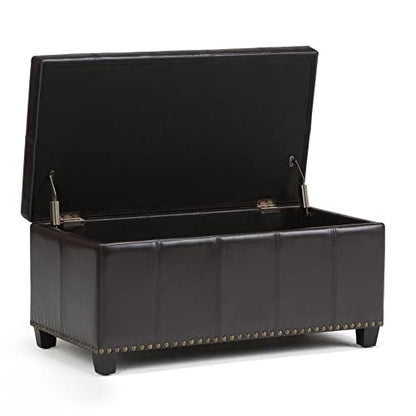 SIMPLIHOME Amelia Storage Ottoman - 33 inch Wide Vegan Leather Rectangle Storage Ottoman Bench in Tanners Brown, Transitional Ottoman for Living Room with Nailhead Trim and Lift-Up Lid - color: Tanners Brown